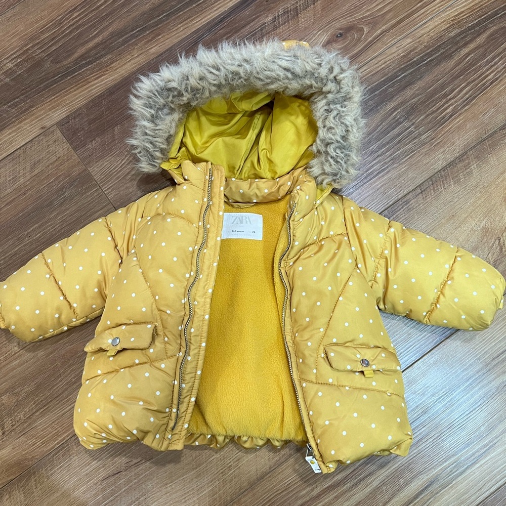 Zara Yellow Puffer Jacket with Faux Fur Trim